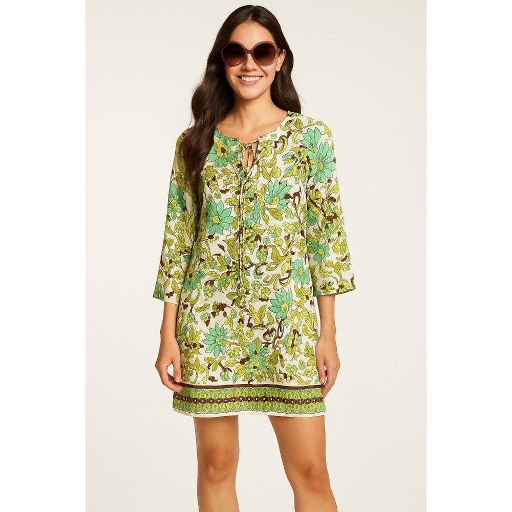 Milly‎ Cabana Y2K Resort Tunic Dress Signed Mod Floral Print Gold Tassel MEDIUM